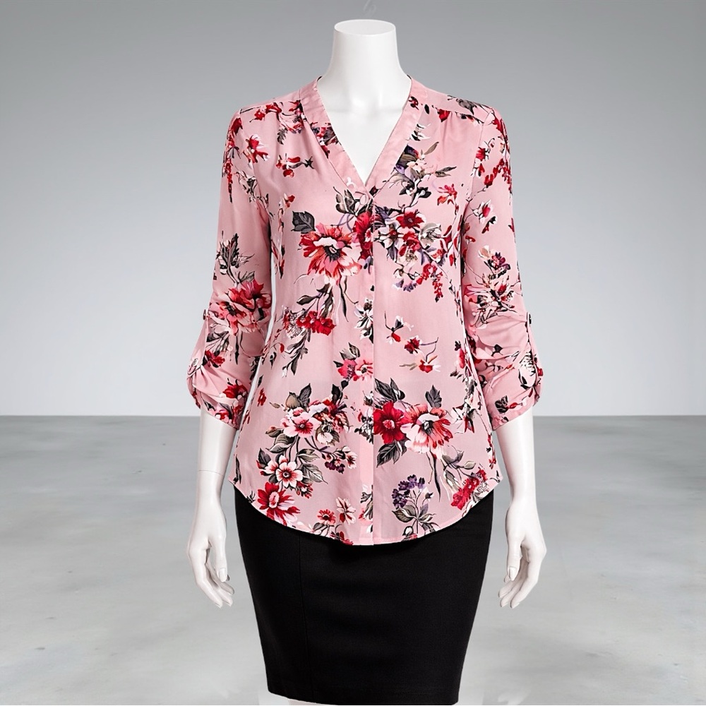 Zac & Rachel Blush Floral Print Roll-Tab Sleeve Blouse - Picture 5 of 11